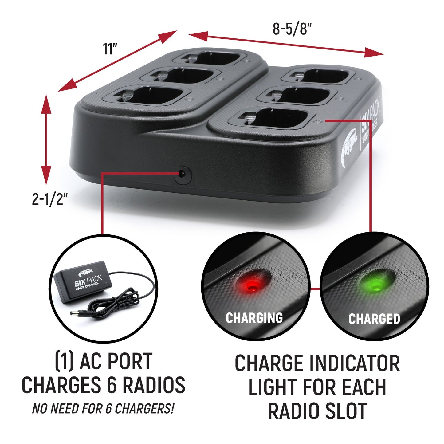 6 Pack - Rugged GMR2 PLUS - GMRS and FRS Two Way Handheld Radios with Bank Charger - Grey