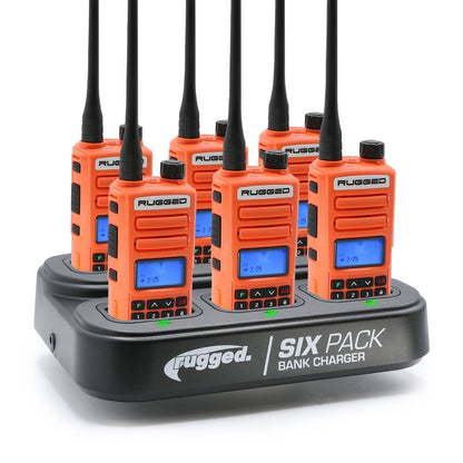 6 Pack - Rugged GMR2 PLUS - GMRS and FRS Two Way Handheld Radios with Bank Charger - Grey