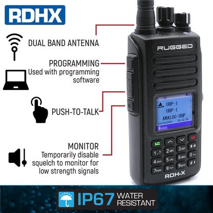 WATERPROOF - Rugged RDH-X - Business Band Two Way Handheld Radio - Digital and Analog - Black