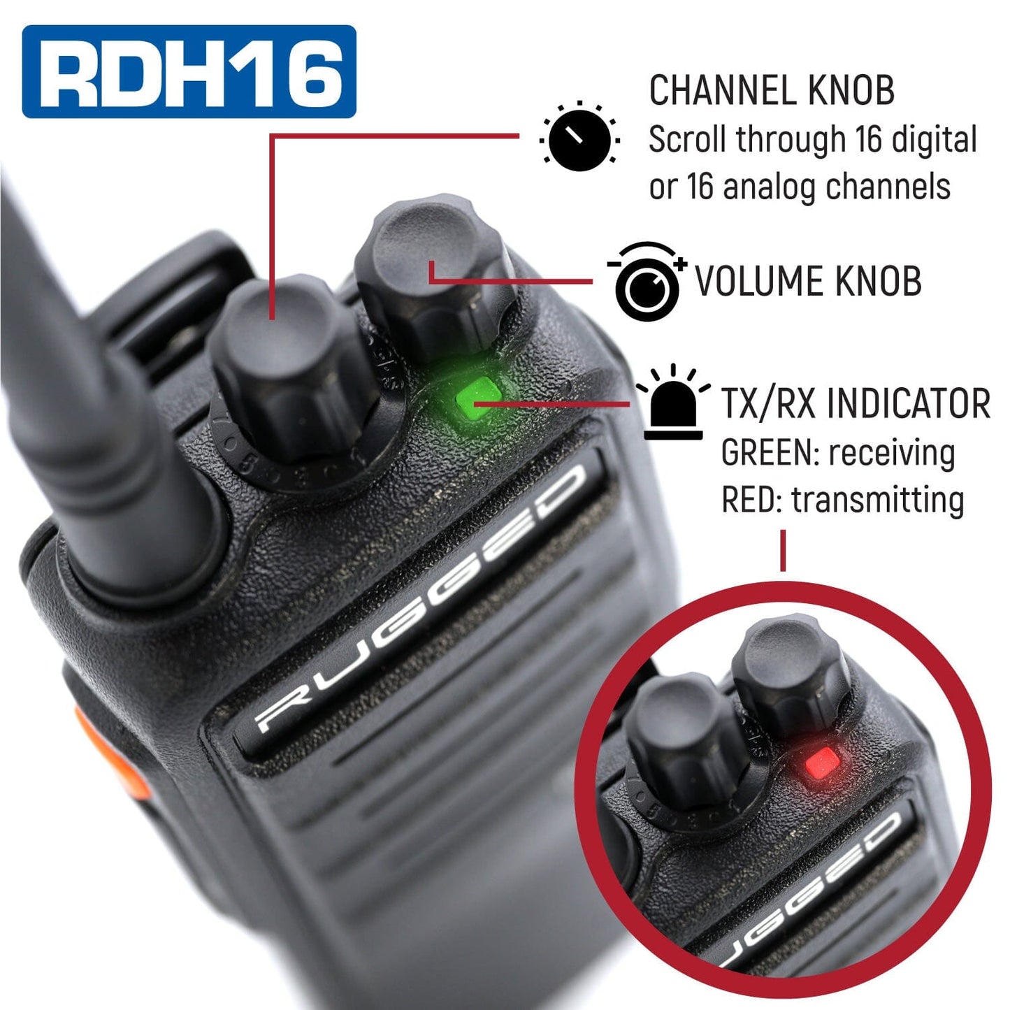 Rugged RDH16 - Business Band Two Way Handheld Radio - Digital and Analog - UHF / Black